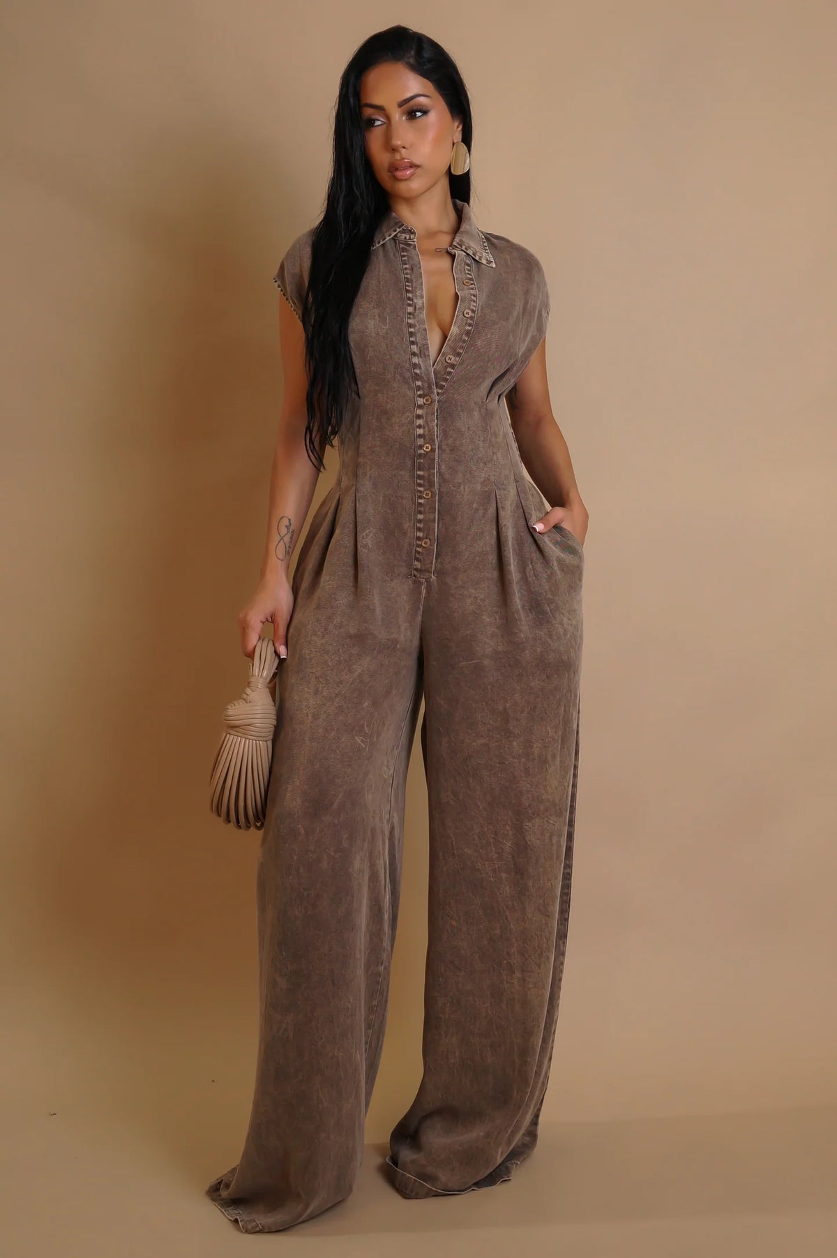 Cocoa Button Up Jumpsuit - Brown Denim