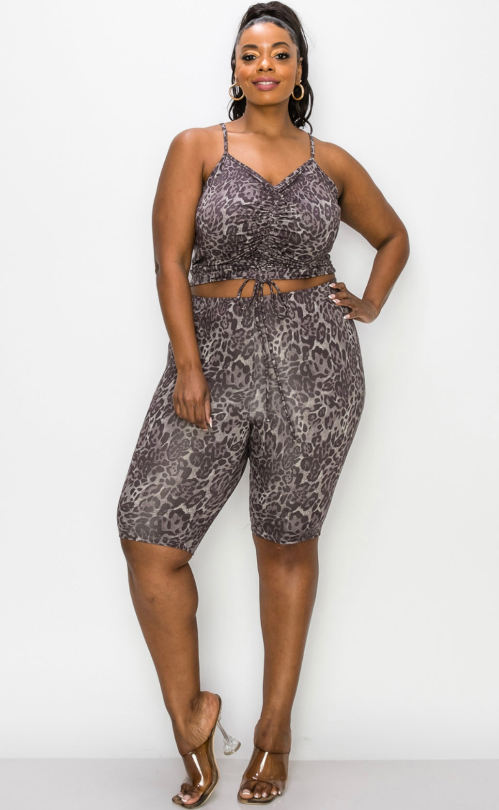 YOGA PRINT RUCHED TANK TOP AND BIKE SHORT SET